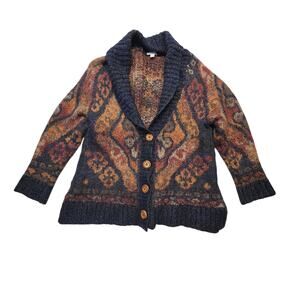 J. Jill Women's Wool Blend Cardigan Sweater SIze XL Blue Chunky Bohemian Boho